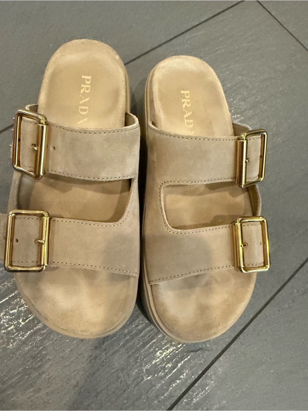 Prada Taupe Suede Double-Buckle Slide Sandals with Gold Buckles